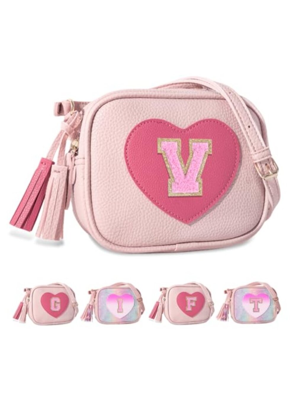 Girls Crossbody Bag Vegan Leather Initial Heart Purse Adjustable Strap Wallet